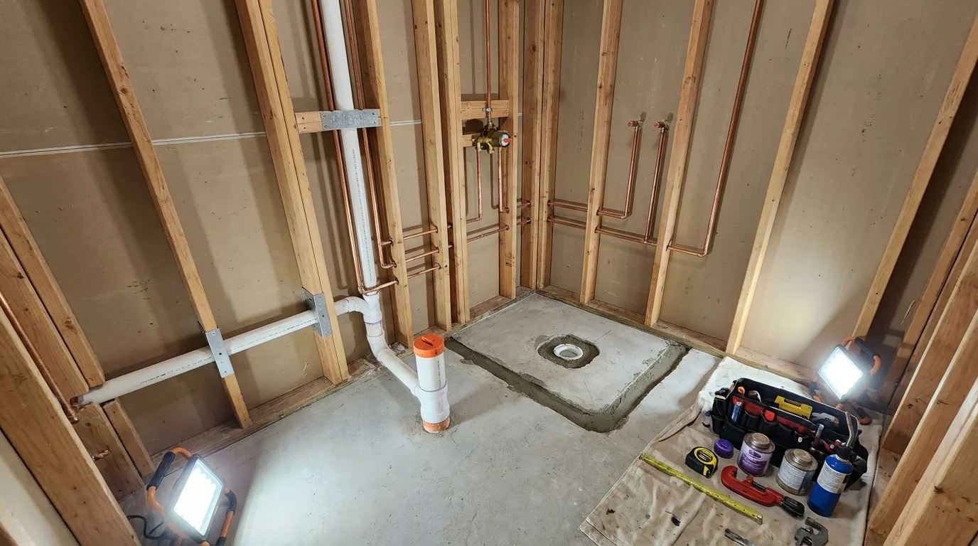 Bathroom rough-in plumbing during remodel by Johns Plumbing LLC in Mount Olive