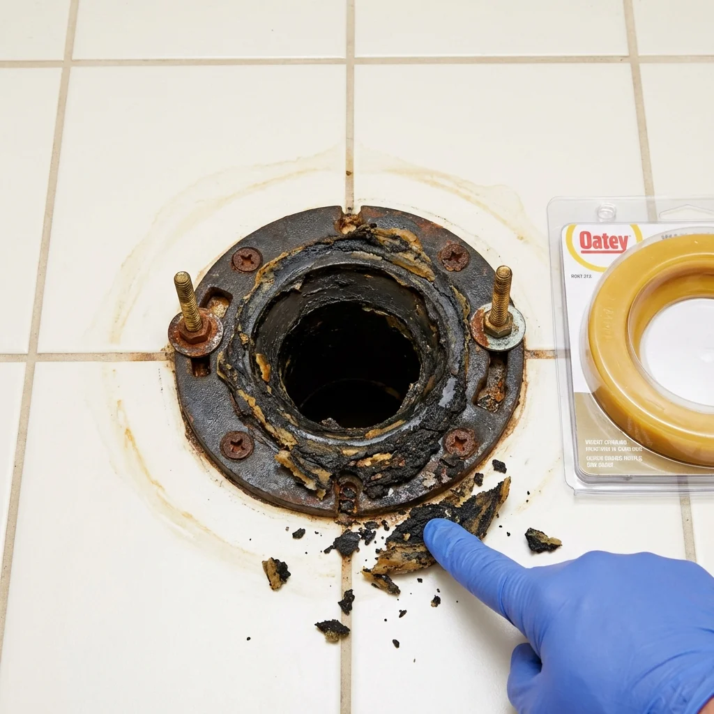 Failed wax ring showing water seepage at the base of a toilet in a Mount Olive, AL home