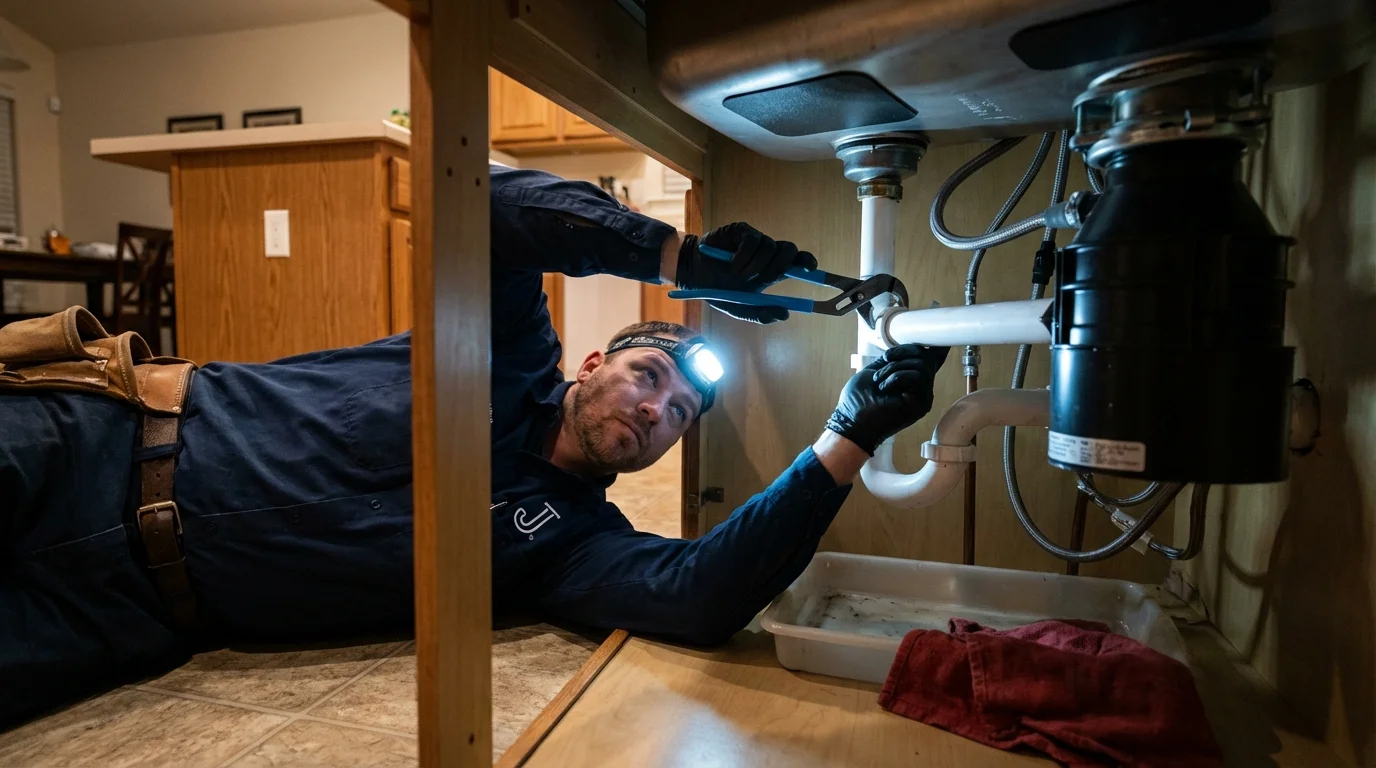 P-trap and supply line connections under a kitchen sink showing a common leak point in Mount Olive, AL